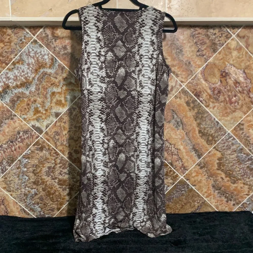 Michael Kors Brown Snakeskin Print Draped Sleeveless Dress L Buckle Animal Print